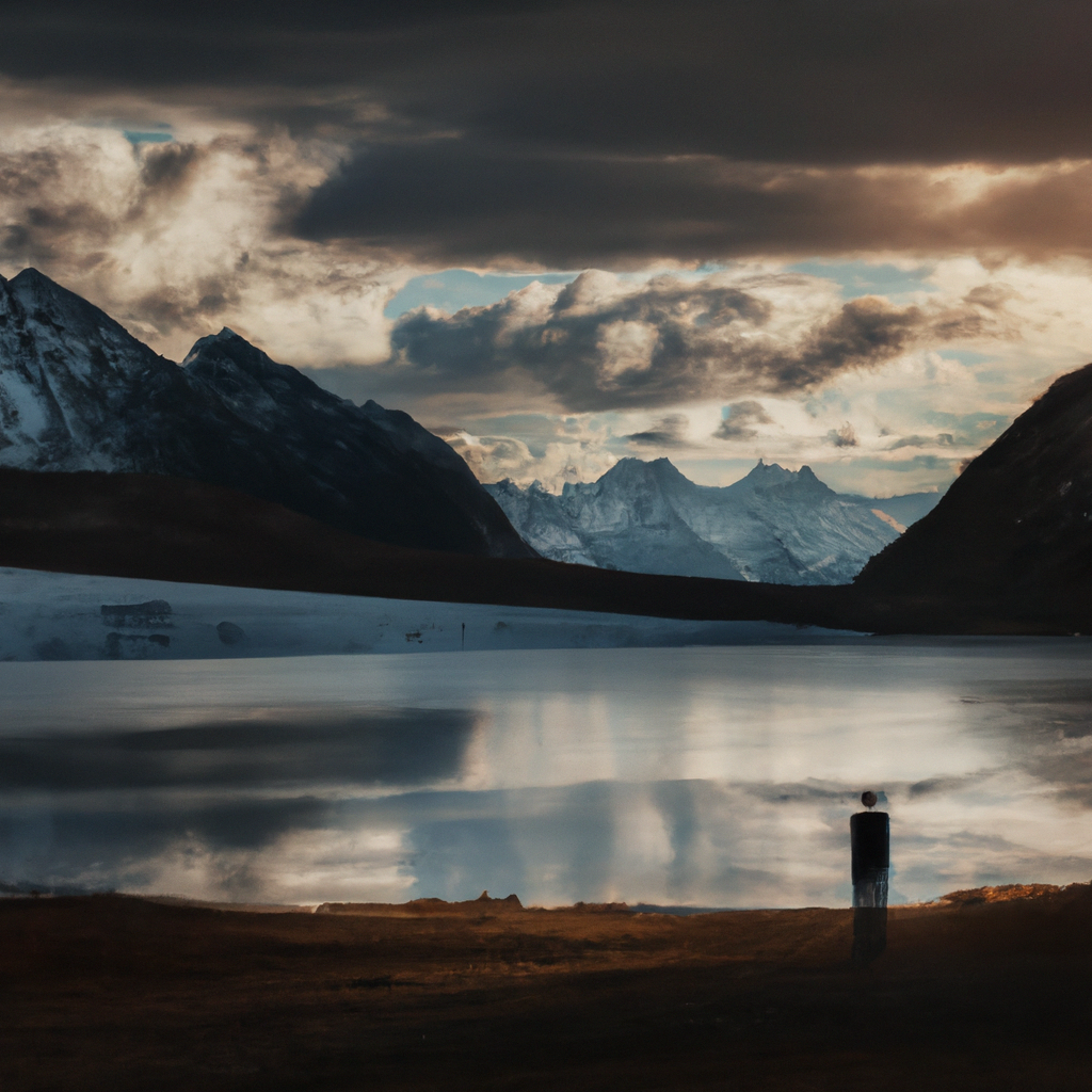 Snowy mountain ridge at dawn with a travel photographer setting up a tripod; cinematic wide photo with crisp details and soft blue light